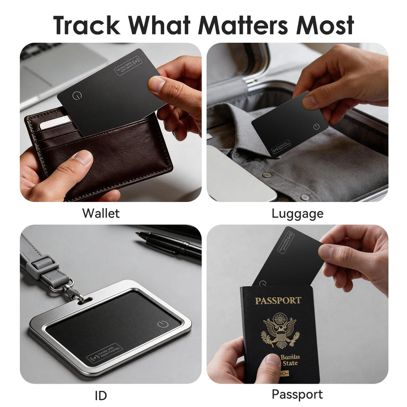 Wallet Tracker Card Compatible with Apple Find My iOS only | 0.07in Slim Wallet Finder, IP68 Waterproof, Tracking Card for Wallet, Luggage Tag, Passport & Purse, Wireless Rechargeable Carbon Black 1