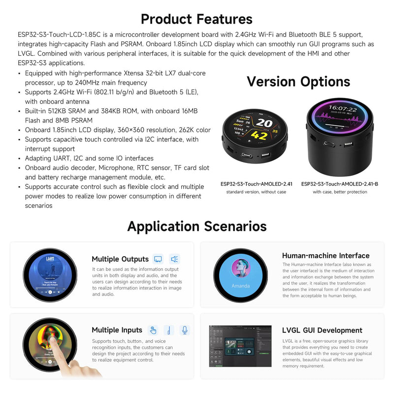 Waveshare ESP32-S3 1.85inch Round LCD Development Board, 360×360, Supports Wi-Fi & Bluetooth BLE 5, AI Speech, Smart Speaker Box, ESP32 with Display