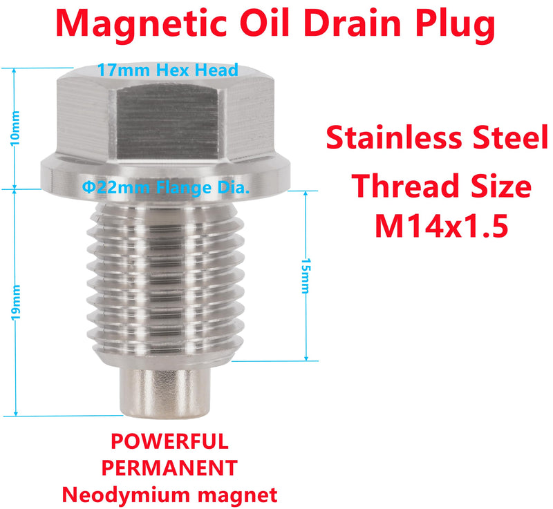 1PC M14x1.5MM Stainless Steel Engine Magnetic Oil Drain Plug Fits for Honda Accord Civic CR-V Odyssey, Acura Ford GM Mazda Hyundai KIA Audi RAM Yamaha And More Vehicles, Replace DP001 M14x1.5