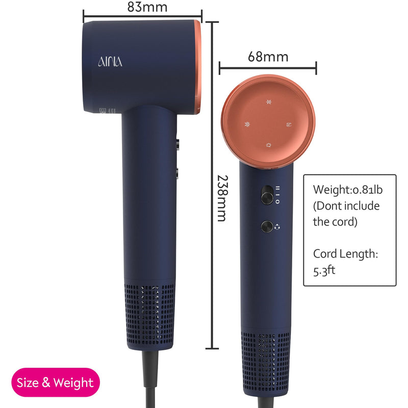 AINA High Speed Hair Dryer with Diffuser Comb | Brushless motor | Ionic | Lightweight | Compact Size | Magnetic Attachments 3a Blue