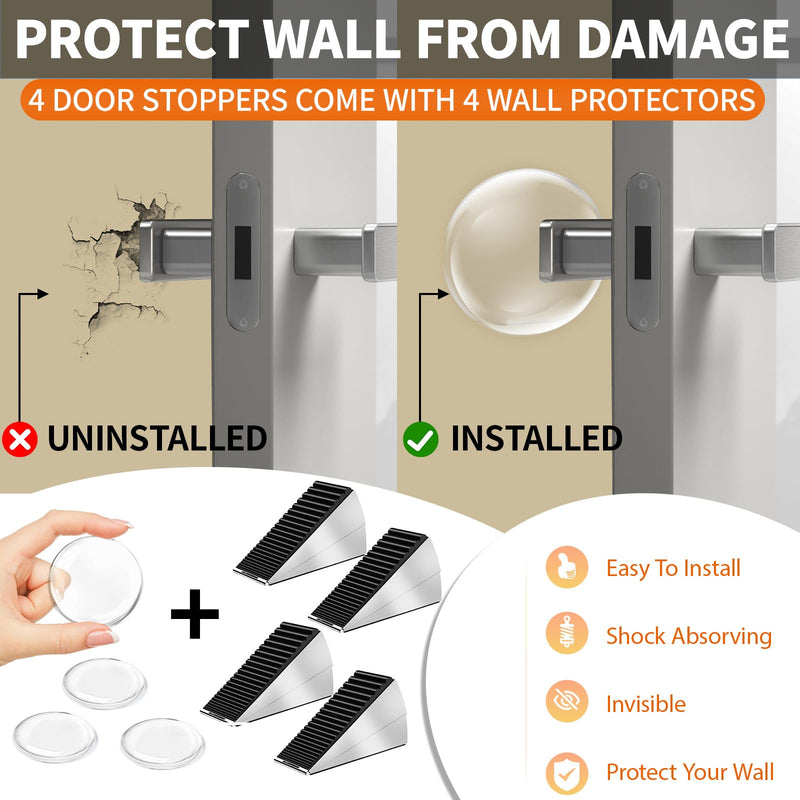 ZDZQJIA Heavy Duty Door Stoppers for Bottom of Door -Adjustable Spring Large Door Stop Wedge, Anti-Slip Rubber Grip,3" High Metal Doorstop Suits Carpet,Tile,Commercial,Home-Silver4Pc+4 Wall Protectors Silver4Pc