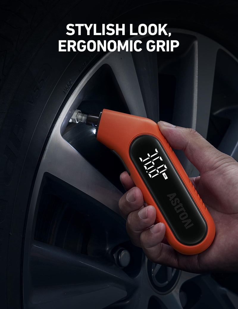 AstroAI Tire Pressure Gauge Digital 3-300PSI Large Screen with Backlight and Flashlight, ANSI 2A High Accuracy, Compatible with Schrader Valves, 4 Units, Presta Valve Adapter Included, AAA Batteries Orange