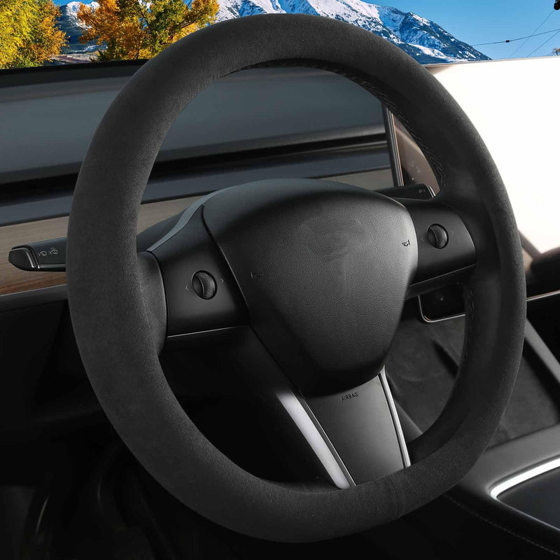 Suede Steering Wheel Cover for Tesla Model 3/Y, Anti Heat, Breathable, Anti-Slip,Leather Steering Wheel Cover 14-14 1/4 in (35.5-36 cm) (Black-02) Black-02