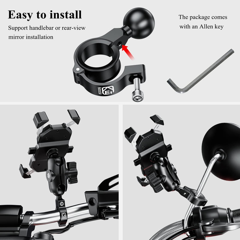 BRCOVAN Aluminum Alloy Handlebar Mount Base with 1'' TPU Ball for Round Rail Diameter 0.5'' 0.87'' 1'' 1.125'' 1.26'', Compatible with RAM Mounts B Size 1 Inch Ball Double Socket Arm R3-Set of 1