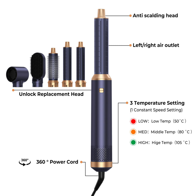 5 in 1 Hair Styler Airbrush Hairstyer Air Brush 5 in 1 Air styer | Airstyler Multi-Blow Dryer Brush Set with Curl, Straighten, Wavy, Smooth, Magic Styler for All Hair Types and Lengths Blue Gold