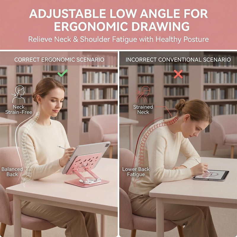 Cute Cat Paw Carbon Steel Tablet Phone Stand, 360 Rotating Heavy Duty Tablet Holder, Foldable Adjustable Stand Compatible with 4.7-13" iPhone, iPad Pro Air Mini, Kindle, Android Tablets (Pink) Pink