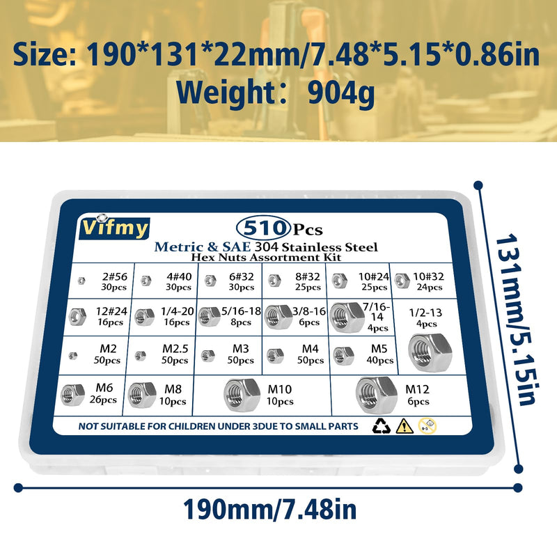 2 in 1 SAE & Metric Hex Nut Assortment Kit(510pcs),2#56 4#40 6#32 8#32 10#24 10#32 12#24 1/4-20 5/16-18 3/8-16 7/16-14 1/2-13 M2 M2.5 M3 M4 M5 M6 M8 M10 M12 304 Stainless Steel Nuts Set SAE&Metric-510