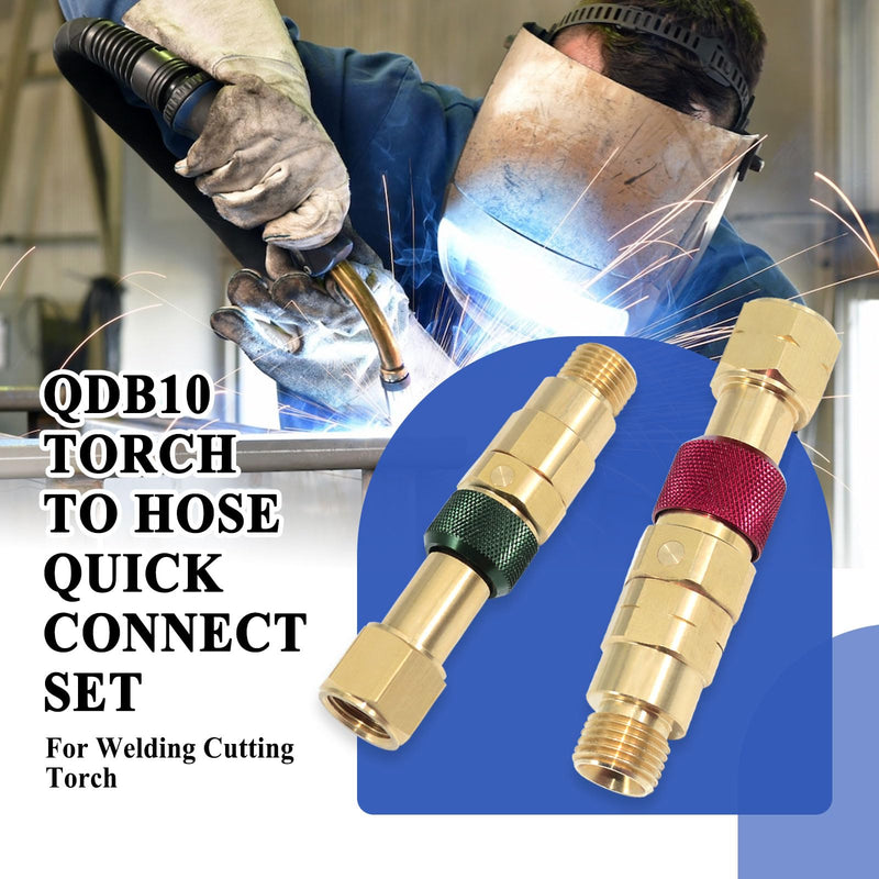 QDB10 Quick Disconnect Kits for Torches with Check Valves, Torch-to-Hose Set, Fuel-Red, Oxy-Green, Brass