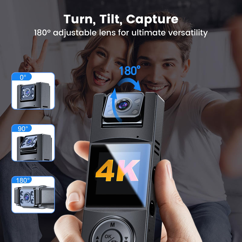 BOBLOV Body Camera with 180°Rotatable Lens, 4K/48MP Small Body Camera, Night Vision Function, Easy to Use and Take for Lecture, Traveling, Pet Walking and Outdoors Activities (4K-256GB) 4K-256GB