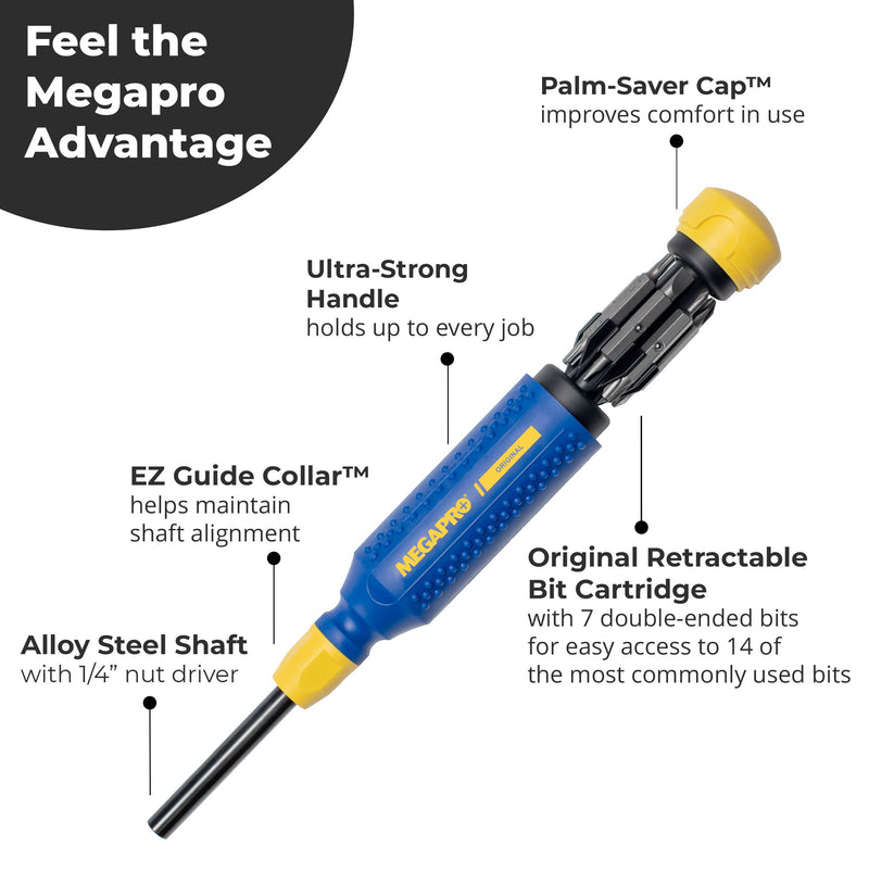 MEGAPRO® 15-in-1 Original Multi-bit Screwdriver | Home DIY & Repair | Construction | Tradeswork | 14 Industrial-grade bit tips | 1/4" Hex Drive in shaft (The Original) 15-in-1 Original North American Standard