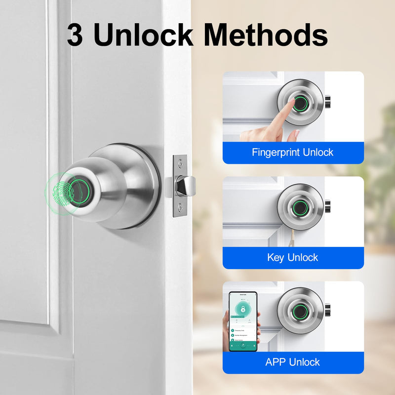 Smart Fingerprint Door Knob, 3-in-1 Keyless Entry with Auto Lock & App, Biometric Digital Lock for Front Door, Home, Office, Bedroom
