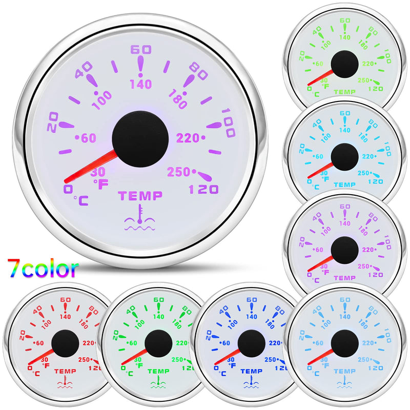 ARTILAURA 7 Color Water Temp Gauge 2-1/16" 52mm Water Temperature Gauge 30-250℉ / 40-120℃ for Car Auto Boat Marine White Water Temp F
