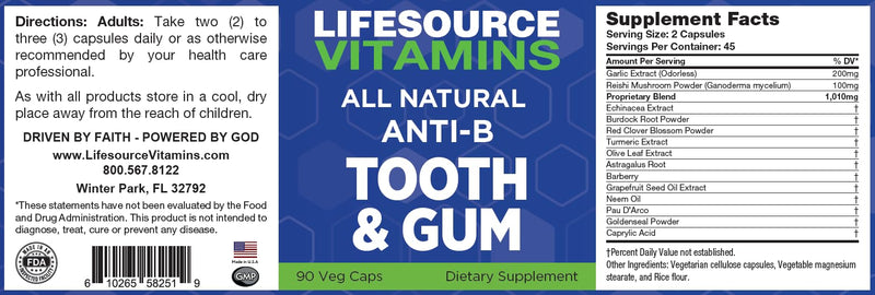 LifeSourceVitamins Tooth & Gum - Anti-B - Support - 90 Caps - Proprietary Formula - LVs, 1 Count (Pack of 1)