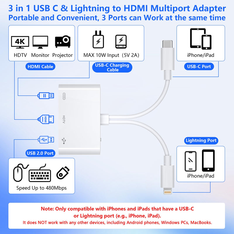 USB-C and Lightning to HDMI Adapter for iPhone ipad to TV [Apple MFi Certified], 1080P Sync Screen Lightning to Digital AV Adapter with Charging Port and USB Data Port for iPhone 17-5 /iPad to HDTV