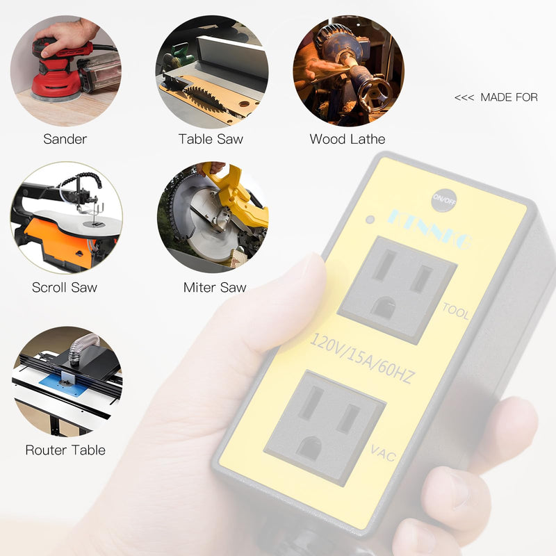 Automatic Vacuum Switch for Power Tool & Table Saw – Load Sensing Remote Control Outlet with 2 Outlets: Tool Plugs into One, Dust Collector Auto-On/Off When Tool Runs (1s Delay On / 7s Delay Off)