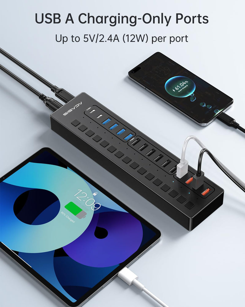 Powered USB 3.0 Hub, ACASIS 16 Port USB Hub Powered(Include 2*USB C 3.0+4 Smart Charging Port) with 60W Power Adapter, Support Wall Mount, USB Hub for PC Laptop, Mac, Printer, Camera 16 ports