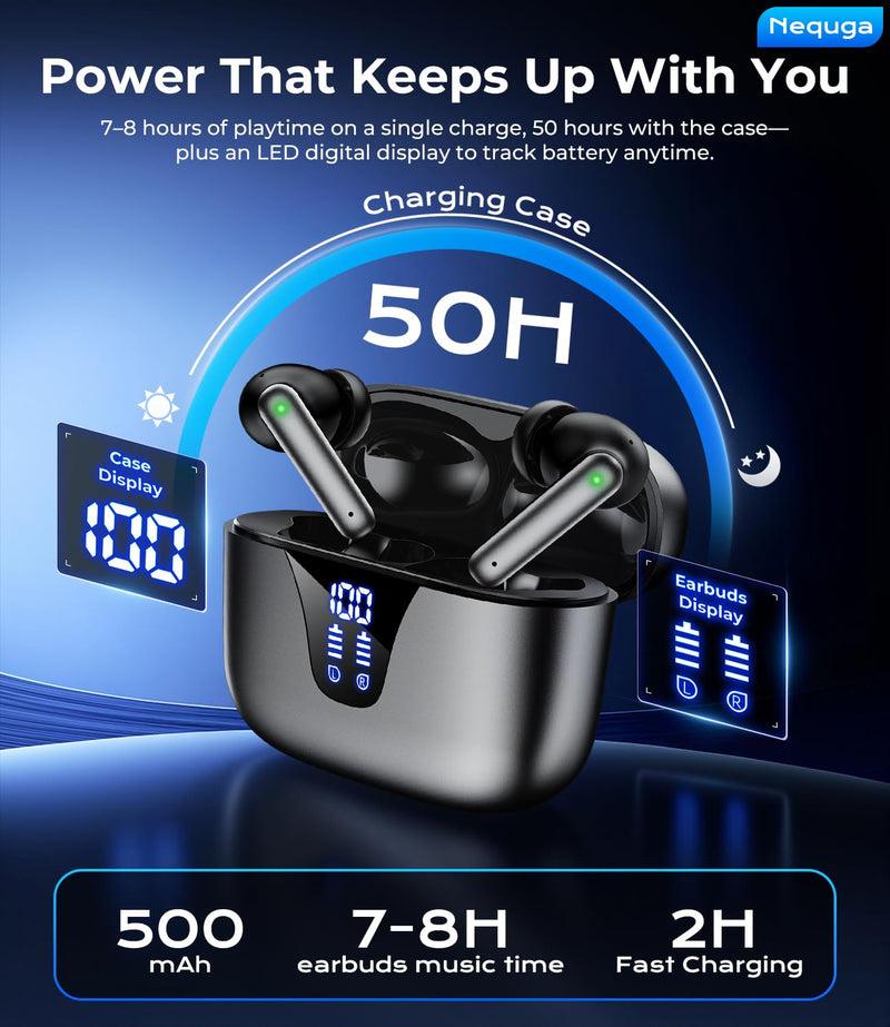 Wireless Earbuds, 50H Playtime Bluetooth Headphones, LED Display Case | Bluetooth 5.3, IPX7 Waterproof, Deep Bass Stereo, in-Ear Earphone with Mic for iPhone/Android/Tablet/Laptop/Sport ink