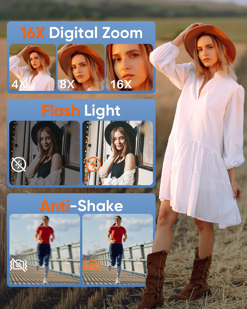 Digital Camera, 4K 64MP Autofocus 16X Zoom Camera with Dual Lens(White) | 2026 Latest Anti-Shake Point Shoot Camera, Compact Travel Vlogging Camera for Teens Adults Beginner, 32GB Card, 2 Batteries White
