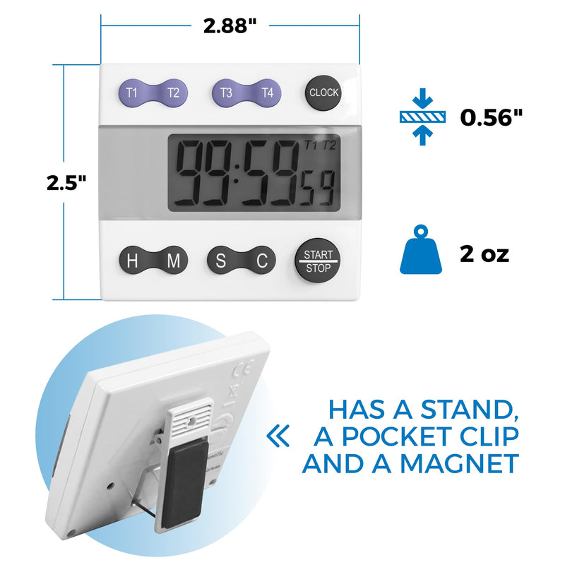 Sper Scientific Portable Digital Kitchen Timer 810015 for Cooking and Baking with Loud Alarm, 4 Channel Timer, Large Display Digital Lab and Cooking Timer, Classroom Timer for Teachers and Students 1 Pack