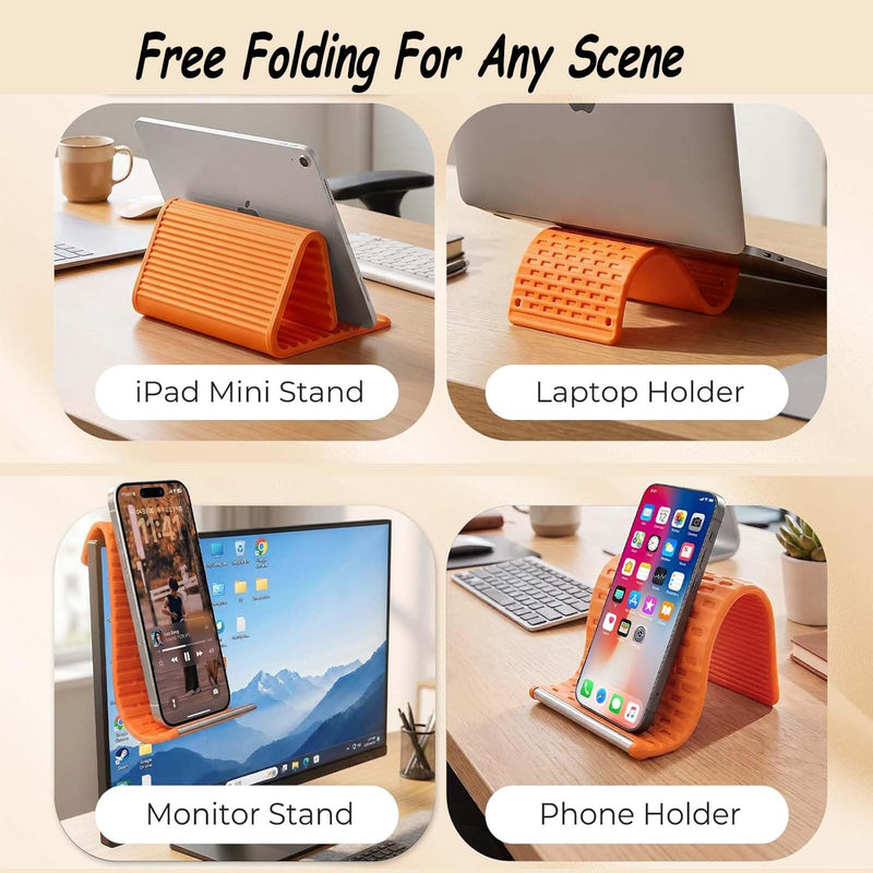 2Pcs Silicone Phone Stand with Aluminum, Flexible Foldable Phone Holder,Universal Adjustable Anti-Slip Desktop Mount for Phone Tablet Laptop (Orange + Black)