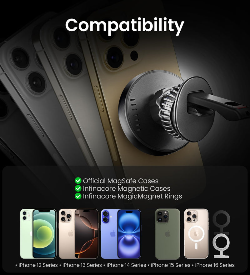 InfinaCore for Qi2 15W MagSafe Car Mount Charger,Super Fast Magnetic Wireless Car Charger for iPhone 16 Pro Max Accessories, Qi2 MagSafe Charger Fits iPhone 16 15 14 13 12,Samsung with MagSafe Case