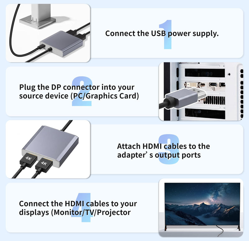 DisplayPort to Dual HDMI Adapter 1 in 2 Out, 4K@60Hz DP to HDMI Splitter for Dual Monitors, Extended Display MST Hub for Windows PC, NVIDIA/AMD Graphics Card [Mac OS Mirror Only]
