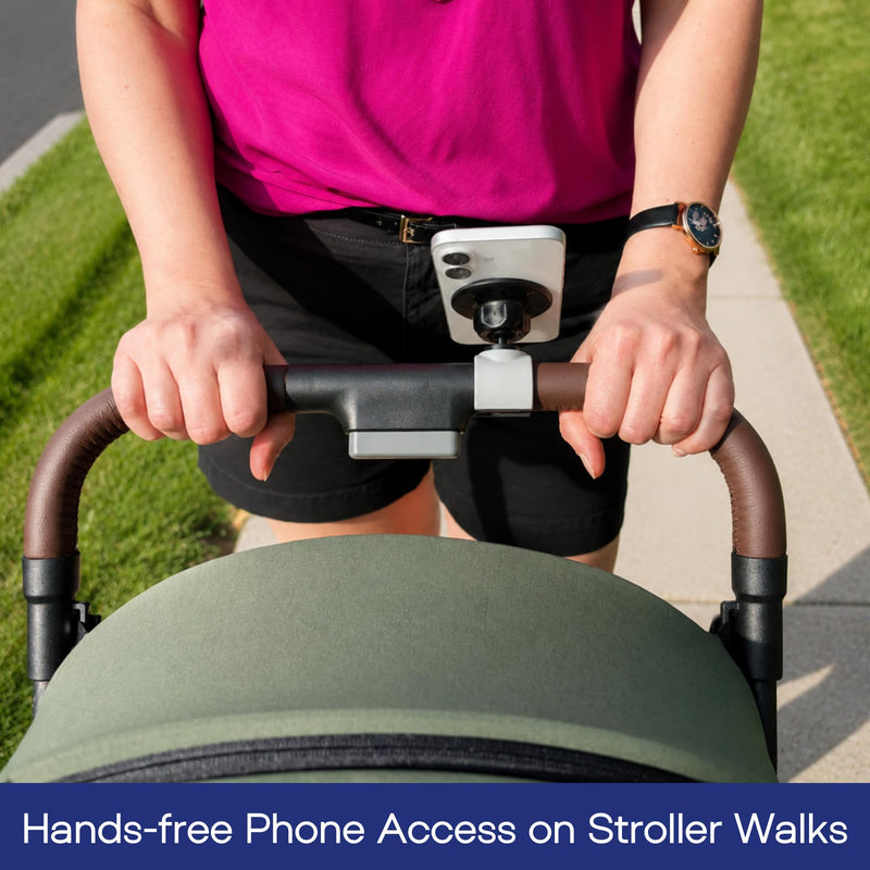 Stroller Phone Holder, MagSafe Compatible Expandable Clamp, 360 Adjustable | Secure clamp fits most handles; magnetic ring included for Samsung, Android and non-MagSafe cases; carts, wagons and travel