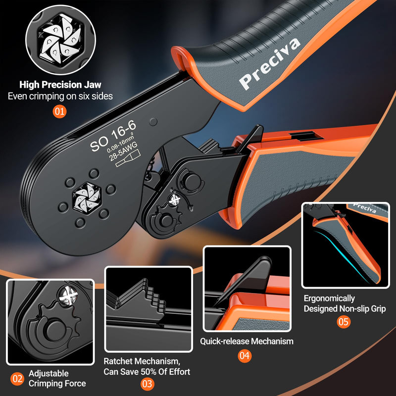 Ferrule Crimping Tool Kit, Preciva Upgrade Double & Single Ferrules Connectors,16-6 Hexagonal Ratchet Jaw Wire Crimping Pliers AWG 28-5 (0.08-16mm²) with 1200PCS Terminal Connector Sleeves CP94120