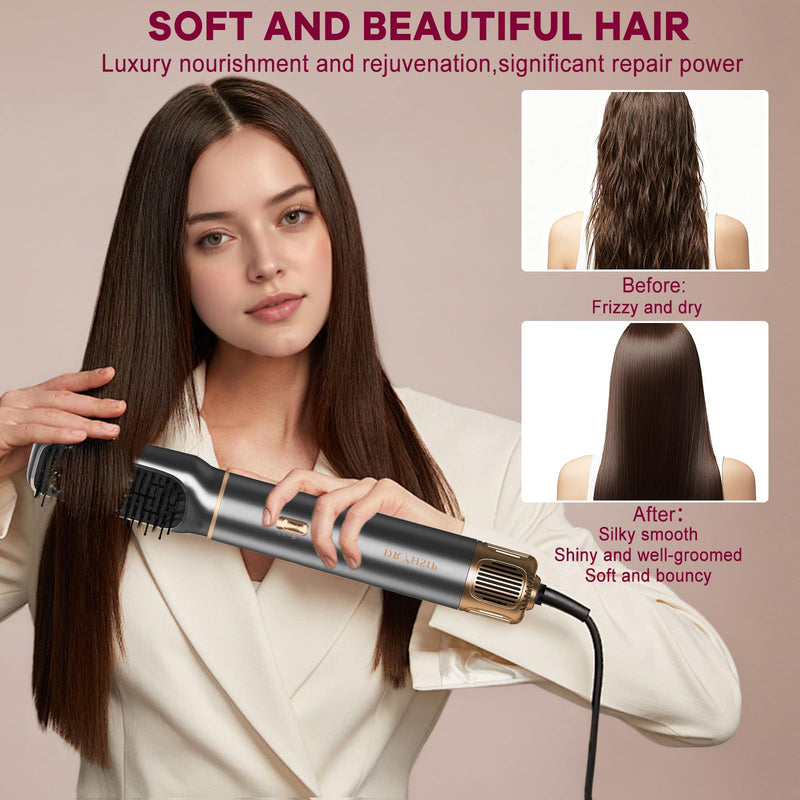 Dryhsip 5 in 1 Hot Air Brush with Detachable Heads, Hair Dryer & Styler (Curling Wand, Volumizer, Straightener), Compact Lightweight Travel Styler for Women (Grey) Pearl Grey