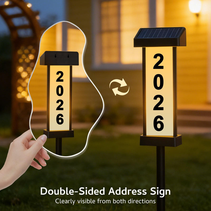 Lacasa Solar Address Sign, Dual-Sided Lighted House Numbers for Outside, Waterproof LED Illuminated Address Plaque with Stakes, 3 Color Modes, Wall Mounted or In Ground for Yard Home