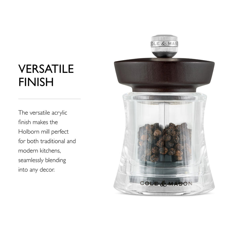 Cole & Mason Holborn Acrylic Pepper Mill - Compact Hand Grinder - Acrylic Kitchen Tool with Adjustable Grind Setting - Easy-to-Clean Grinder with Premium Design - Chocolate Pepper Mill, 3.75"