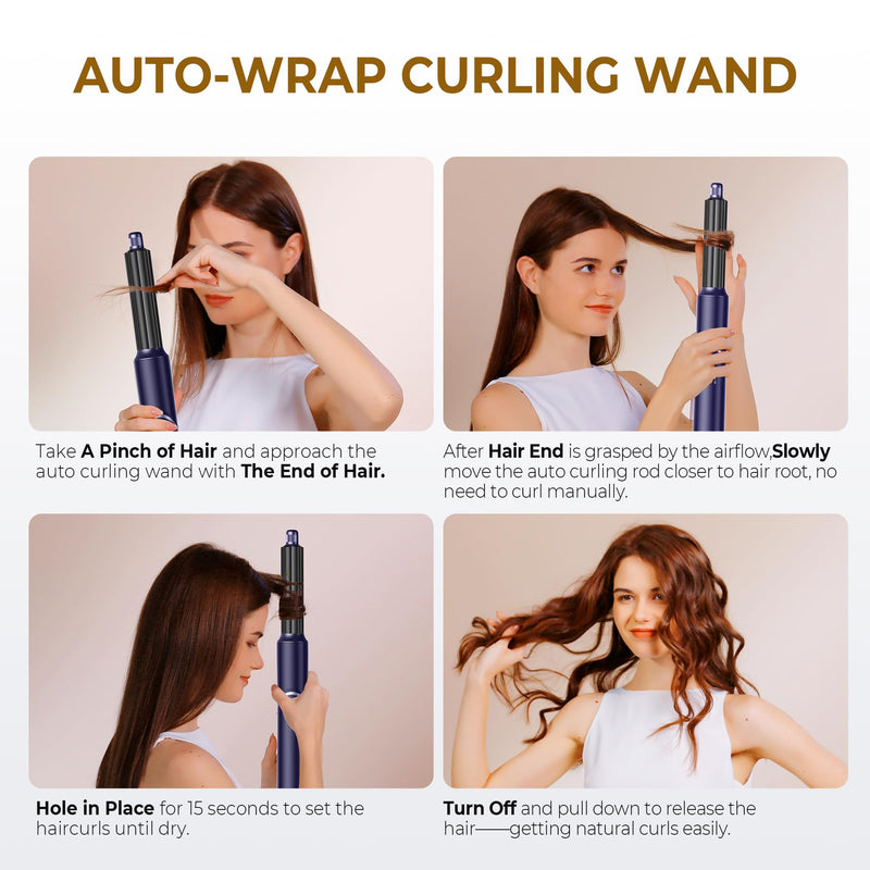 UKLISS 5 in 1 Hair Air Styler Dryer with Air Curlers Auto Curling Wands Multi-use Hair Blow Dryer for Women Set, with Hair Styling Tools Hair Styler Hair Curlers Hair Straightening Brush, Blue/Sliver