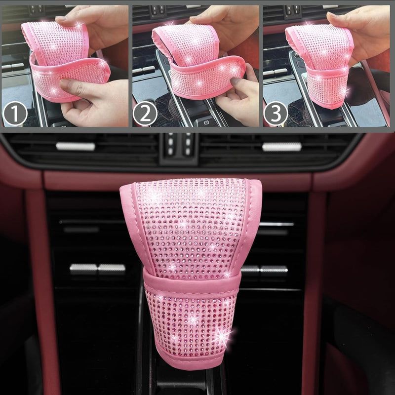 NBTEPEM 30 Pcs Pink Bling Car Accessories Set for Women, Pink Steering Wheel Cover Set, Bling Console Cover, Seat Belt Cushion, Shift Knob Cushion, Cup Coaster, Rhinestone Car Hanging Accessories Pink Diamond
