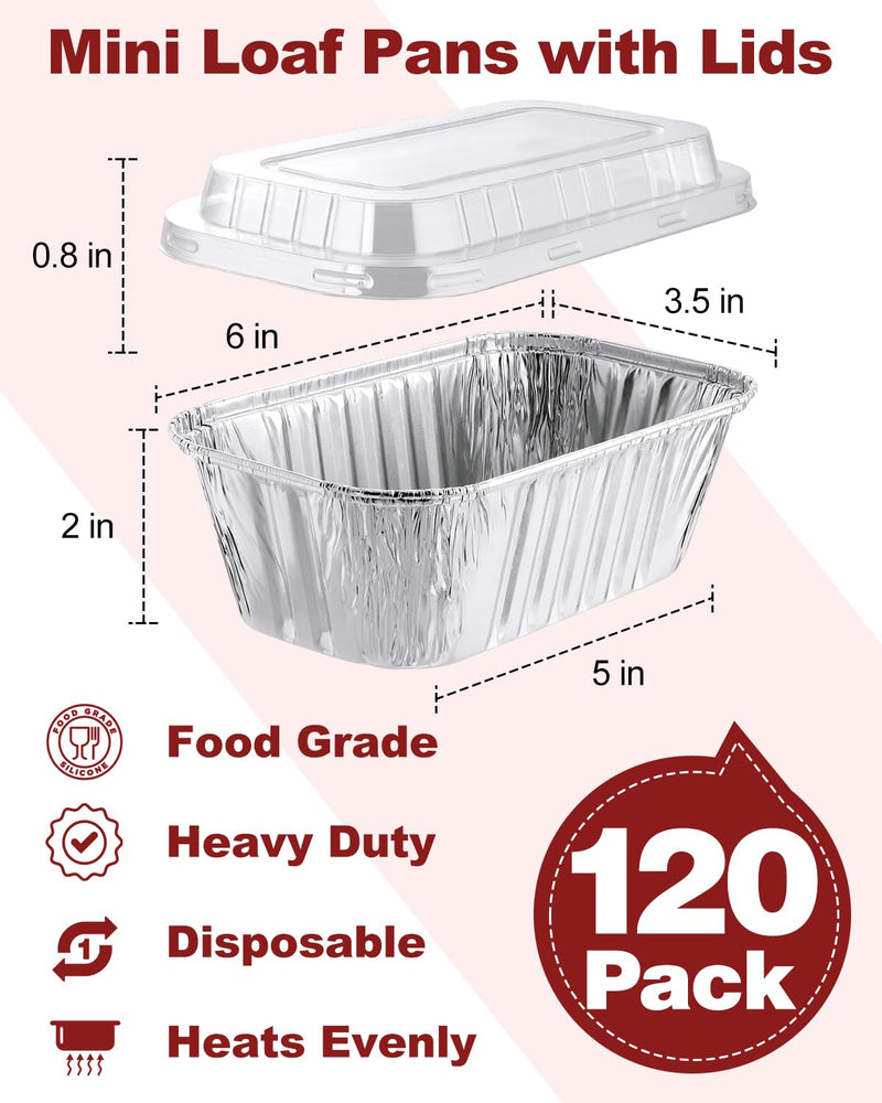 120 Pack 1 Lb Aluminum Loaf Pans with Lids - 6x3.5x2 Mini Loaf Pan, Small Disposable Tin Foil Baking Pans for Baked Bread, Cakes, Meat, Loaves 120