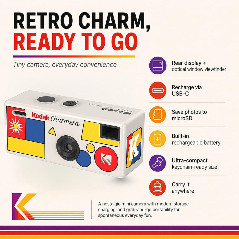 Kodak Charmera Key Chain Digital Camera Bundle | 32GB Memory Card, Storage Case, (4 items)