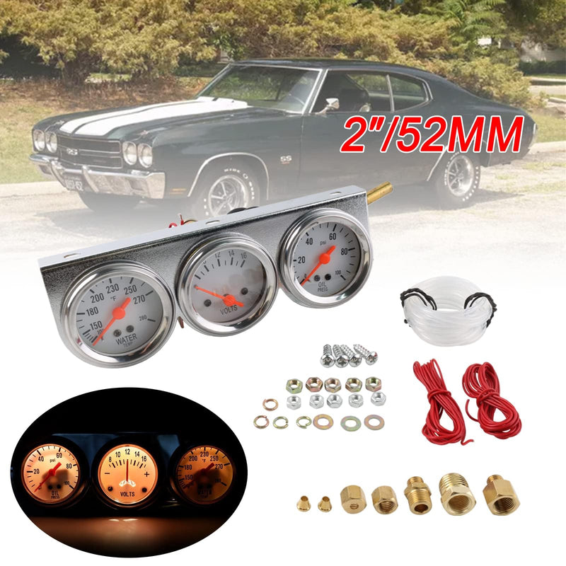 Triple Gauge Kit Oil/Volt/Water Gauge,2"/52mm Chrome Panel 3in1 Car Meter Oil Pressure Fahrenheit Water Temp Ammeter Triple Gauge Kit