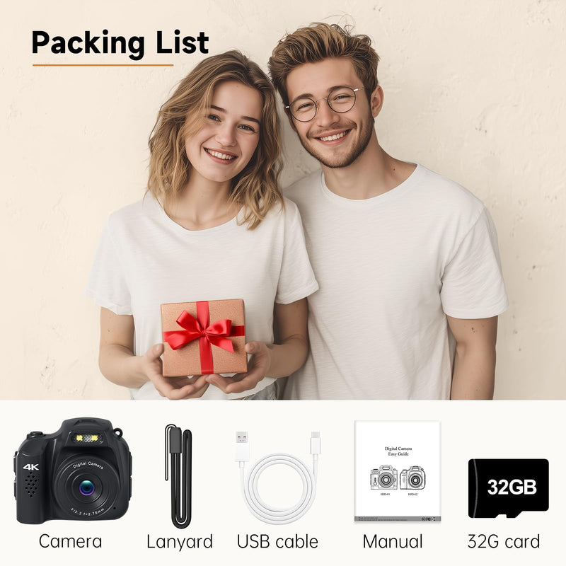 Mini Keychain Camera 4K 64MP Vintage Digital Camera,Pocket Retro Nostalgia Video Camera with LED Light and 32G Micro SD Card, Suitable for Teenagers, Adults, Kids, and Photography Beginners Black