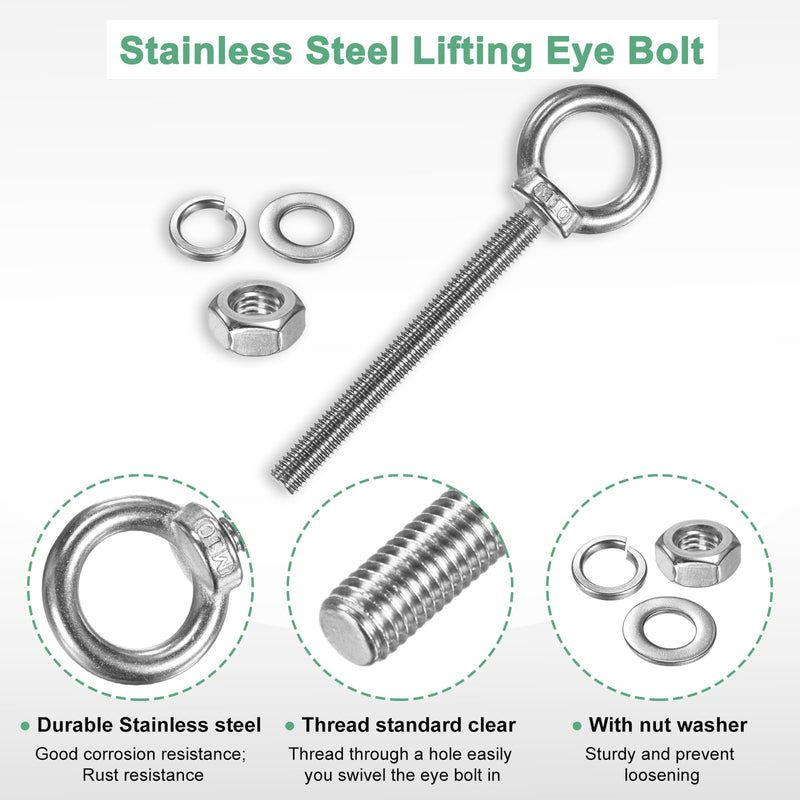 M METERXITY 8-Sets Stainless Eyebolt M10x100mm Shoulder Lifting Eye Bolt with Nuts Washers Male Screw Thread Ring Shoulder Eye Bolts Length 3.94 Inch for Suspending/Fastening