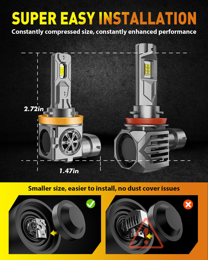 H11 9005 LED Bulbs Combo, 60,000LM Super Brighter, 1:1 Halogen Mini Size, 6500K White H9 H8 HB3 Driving Light Bulbs with Fan, Plug and Play, Automotive light Assemblies, Pack of 4 H11+9005