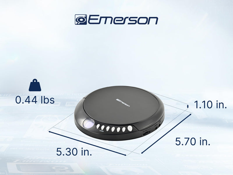 Emerson EPCD-2003 Portable CD Player with FM Radio, Bluetooth 5.3 AudioStream™, 60-Second Anti-Shock, 20-Track Memory, LCD Display, Dual Power (Micro-USB/Battery) & Earphones Included Gray