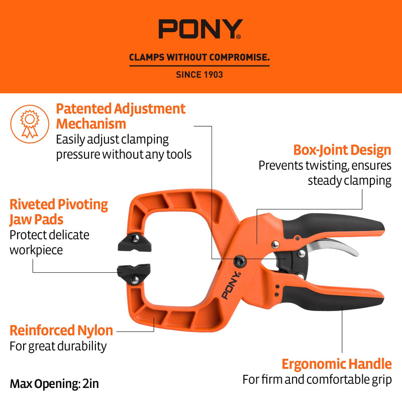 PONY 4-Pack 2-Inch Quick-Release Ratcheting Wood Clamps for Woodworking, Professional Hand Clamps with Box-Joint Design, Ergonomic Handles, 60 LBS Clamping Force