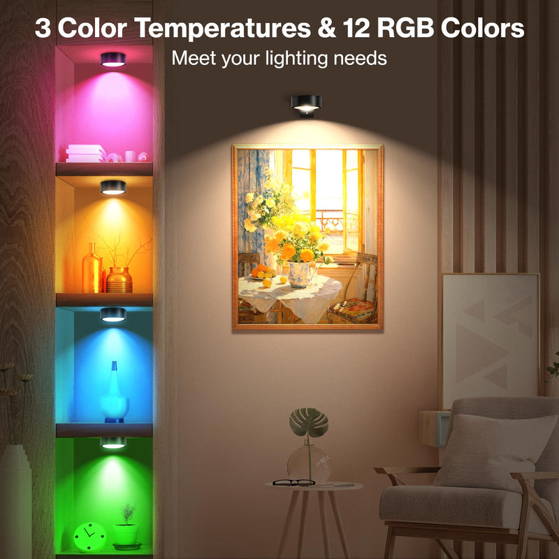 Cadrim Picture Light Wall Light 3 Pack Rechargeable with Remote 12 RGB Colors Dimmable Timer Magnetic Wireless Art Display Lighting for Painting Photo Frame Poster (Black, Renter Friendly) Black