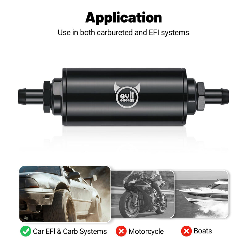 EVIL ENERGY Inline Fuel Filter 100 Micron with Barb 1/2", 3/8", 5/16" Fitting Adapter 50MM Universal Aluminum Black, for Gasoline, Diesel, Rubber Fuel Line, Car EFI & Carb Fuel Systems