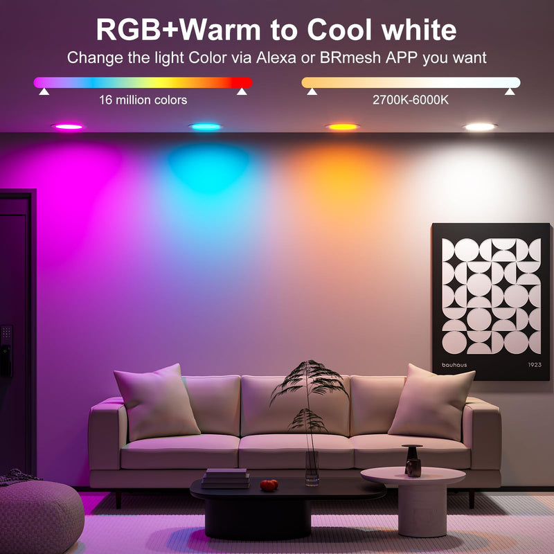 Smart Recessed Lighting 4 Inch RGBCW Color Changing 12W LED Recessed Ceiling Light with Junction Box,2700 K-6000K,1080LM Canless Downlight Compatible with Alexa,Dimmable by Bluetooth Control (4 Pack) White Shell 4 Pack