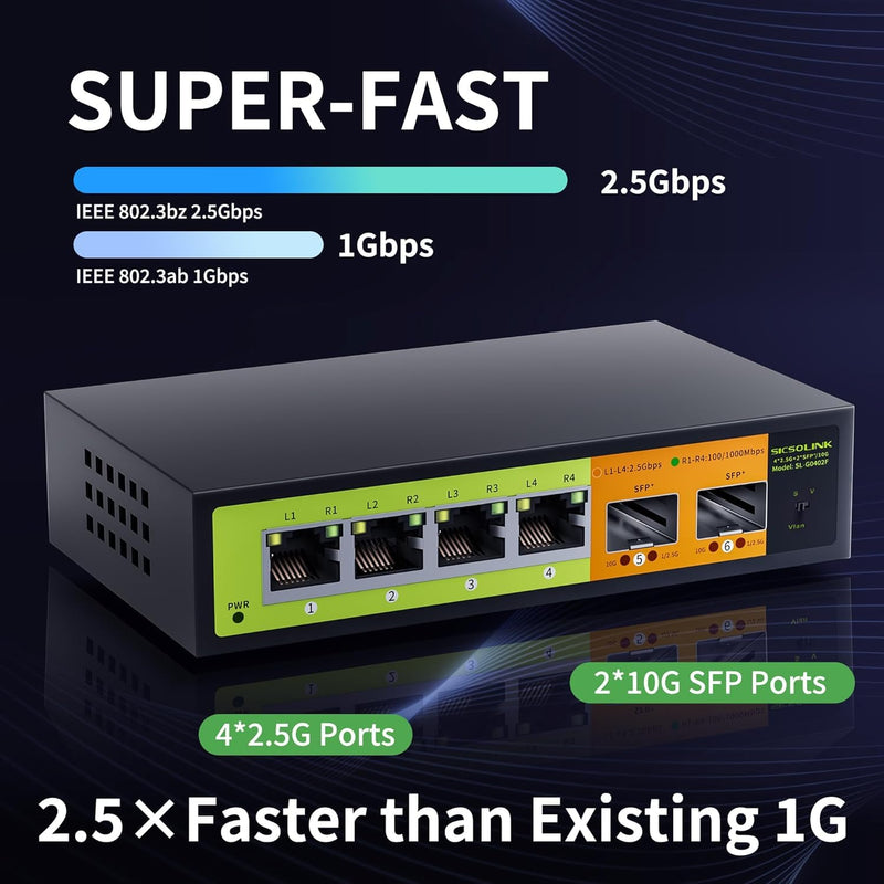 6 Port 2.5Gb Network Switch, 4x2.5G RJ45, 2x10G SFP+, Muti-gigabit, Unmanaged, Metal Case, 60G Bandwidth, Fanless, Compatible with 2.5gbe NAS, PC, AP SL-G0402F1