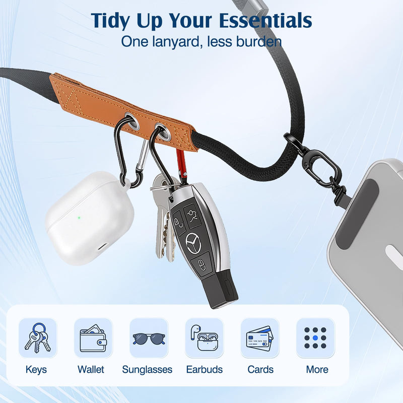 MoKo Adjustable Phone Lanyard Crossbody Strap with 2 Hanging Loops | Anti-Theft Phone Strap Thick Braided Wide Strap for Shoulder Relief, Universal Cell iPhone Neck Lanyard for Travel Outdoor Black