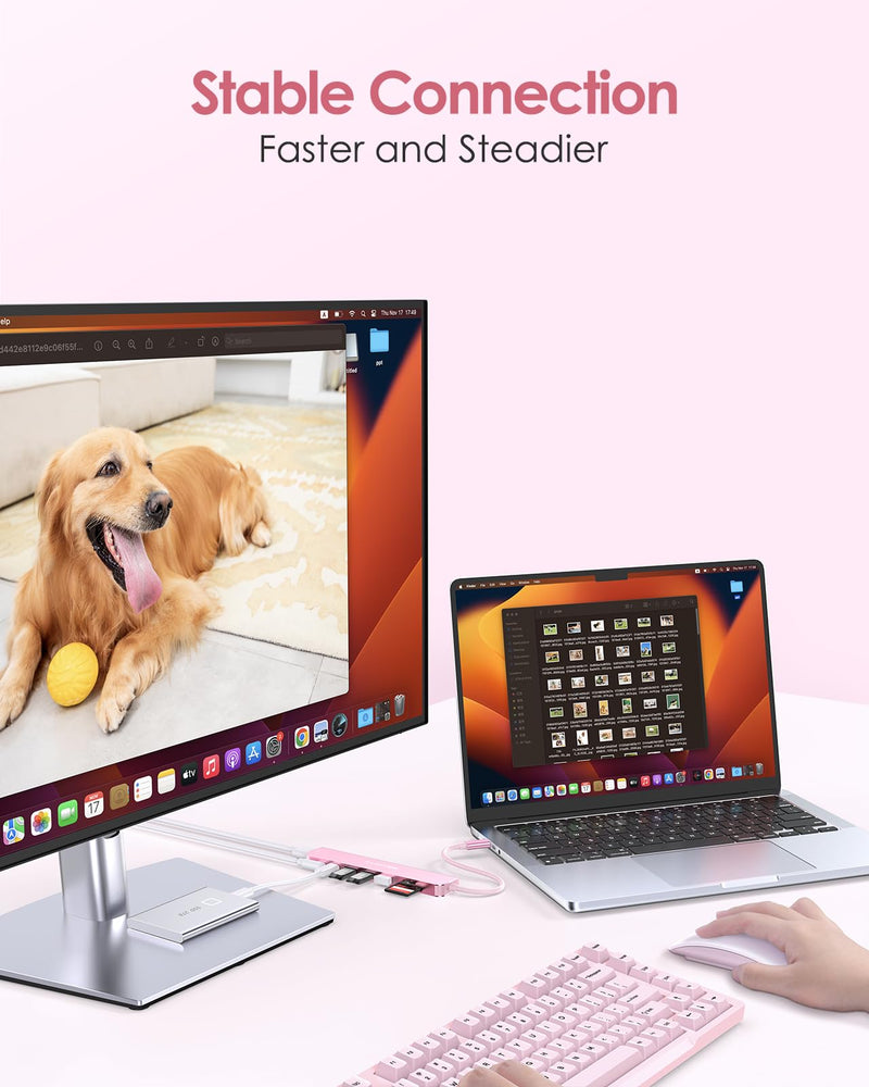 LENTION 8-in-1 USB-C Hub with 4K 60Hz HDMI, 100W Power Delivery, 5Gbps USB C Data, 3 USB 3.0 and microSD & SD Card Reader for 2023-2016 MacBook Pro, New Mac Air/Surface, More (CB-CE18s, Rose Gold)