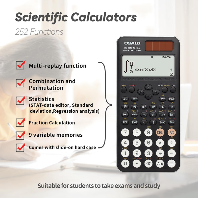 OSALO Scientific Calculator 252 Functions 2-line Written Display & Battery Solar Calculators for Secondary Students Desktop Calculator Extra Large
