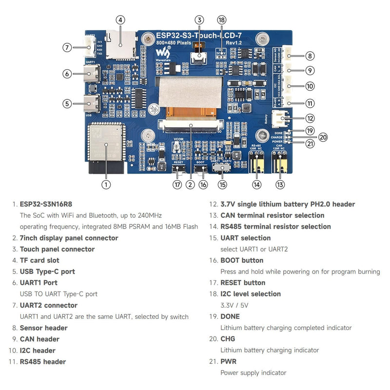 Waveshare ESP32-S3 7inch Display Development Board, 800×480, 32-bit LX7 Dual-core Processor, Up to 240MHz Frequency, Supports WiFi & Bluetooth, with Onboard Antenna, No Touch
