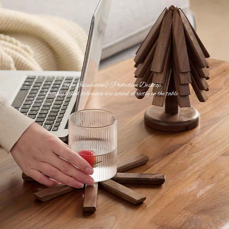 Trivets for Hot Dishes, 4 Artful Foldable Wooden Hot Pads for the Kitchen, Store as a Decorative Christmas Tree for Dishes, Pans, and Teapots | Creative Kitchen Gift Made of Walnut Wood A Walnut 4 pcs